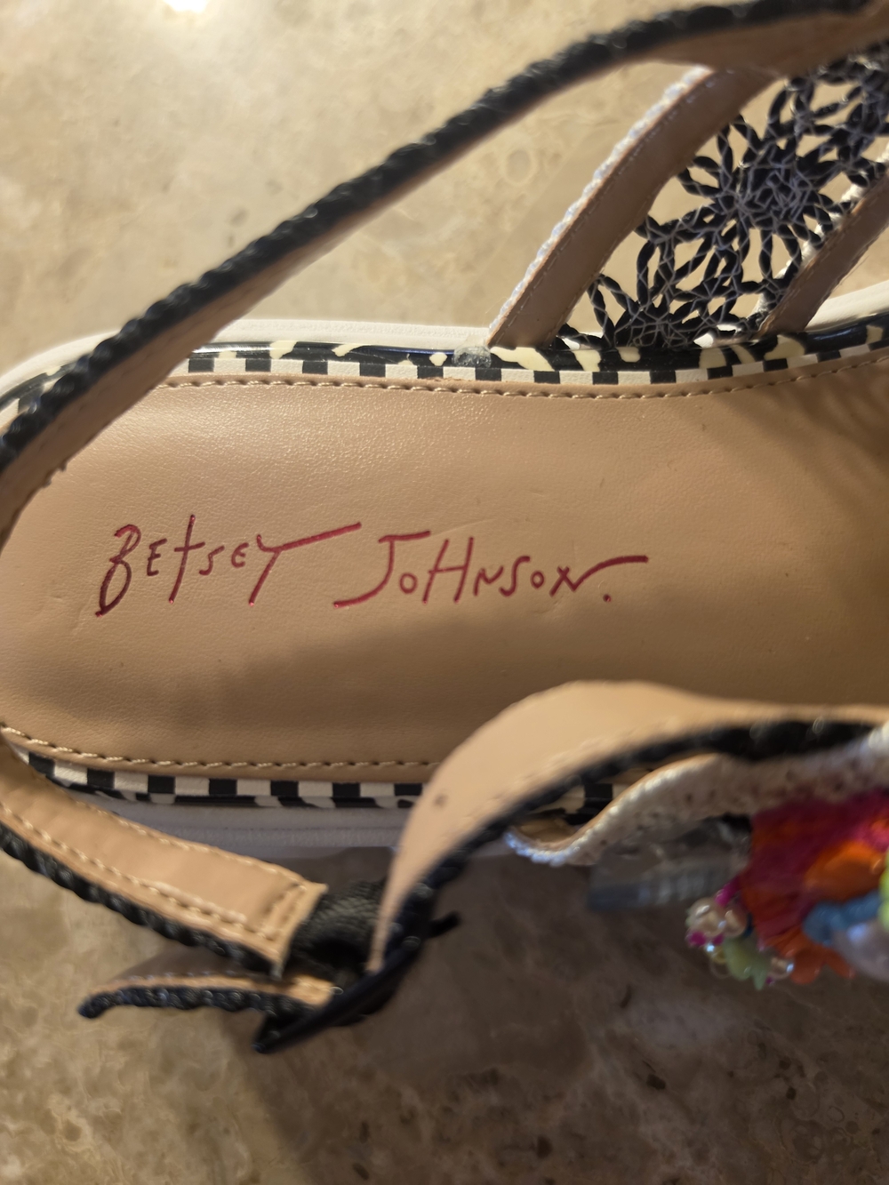Betsey Johnson Black & White Crochet Platform Sandals with Colorful Bead Accents - Picture 2 of 8